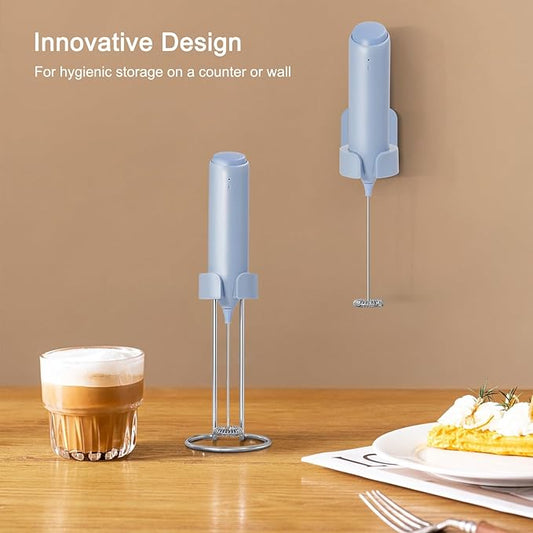 Rechargeable Coffee Frother by ELMWAY, Electric Milk Frother with Charging Stand & Wall Mount, Handheld Drink Mixer, Foam Maker for Coffee, Matcha - Blue