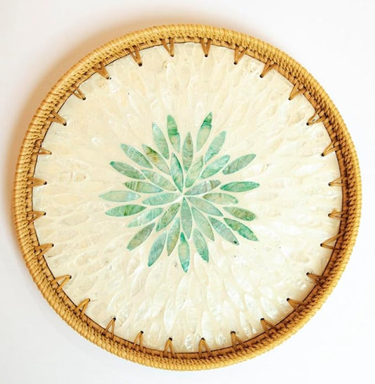 Magenta & Teal Round Rattan Serving Tray with Mother of Pearl Inlay, Wicker Coffee Table Decor, Farmhouse Style (Silver Green Flower)