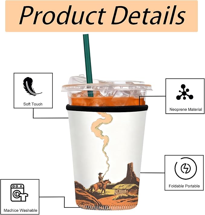 Neoprene Iced Coffee Sleeve 3 Pack, Reusable Insulated Cup Holder with Vintage Western Cowboy Pattern, Fits 16–32 oz Tumblers, Compatible with Starbucks & Dunkin