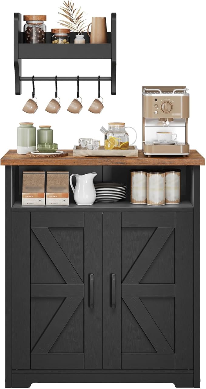 Coffee Bar Cabinet, Kitchen Island with Storage, Farmhouse Sideboard Buffet Cabinet with Dual-Purpose Floating Shelf and Hooks, for Restaurant, Living Room, Rustic Brown KF22BR