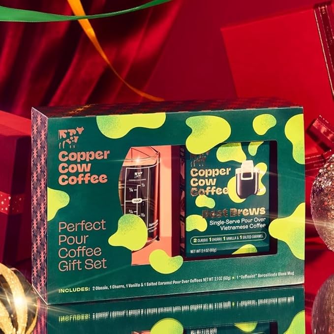 Copper Cow Coffee with Glass Mug & 5 Premium Vietnamese Pour Over Ground Coffees (Classic, Vanilla, Churro, Salted Caramel)