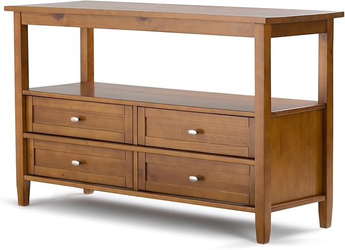 SIMPLIHOME Warm Shaker Console Table - 48 Inch Wide Solid Wood Sofa Table in Light Golden Brown, Transitional Storage Table for Living Room with 4 Drawers, Open Shelf, and Brushed Nickel Knobs