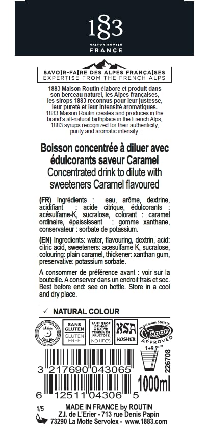 1883 Sugar Free Caramel Syrup for Drinks, Made in France, 1 Liter Plastic Bottle