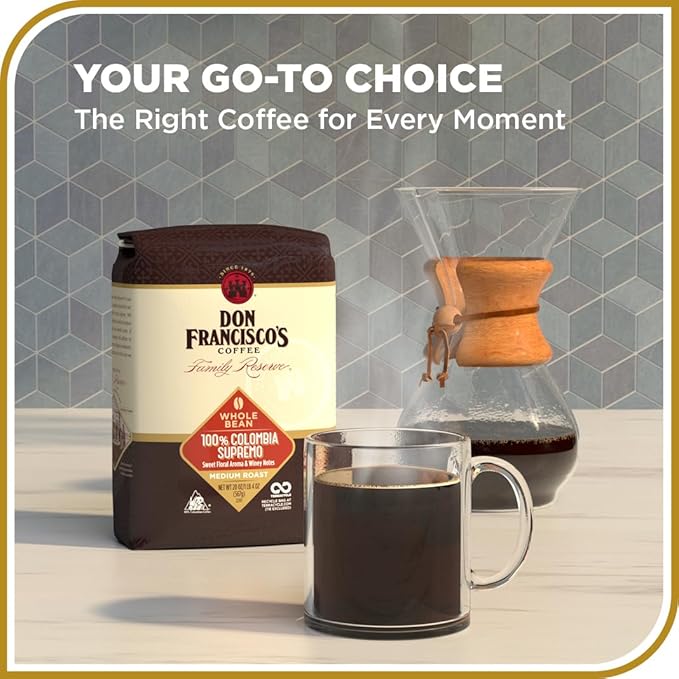 Don Francisco's 100% Colombia Supremo Whole Bean Coffee, Medium Roast – 100% Arabica Coffee, 20 oz Bag