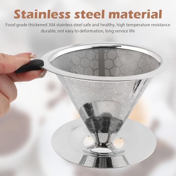 Pour Over Coffee Dripper, Double Mesh Coffee Filte-r Paperless Coffe-e Strainer Reusable Coffe-e Maker Dripper with Stand and Cleaning Brush(COLOR:Silver)