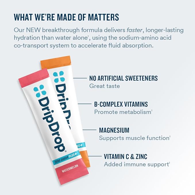 DripDrop Zero Sugar Plus - Sugar Free Hydration Packets - Single Serve Electrolytes Powder Drink Mix - Raspberry Lemonade, Watermelon, Tangerine, Tropical Punch - Non-GMO, Gluten Free, Vegan- 8 Sticks