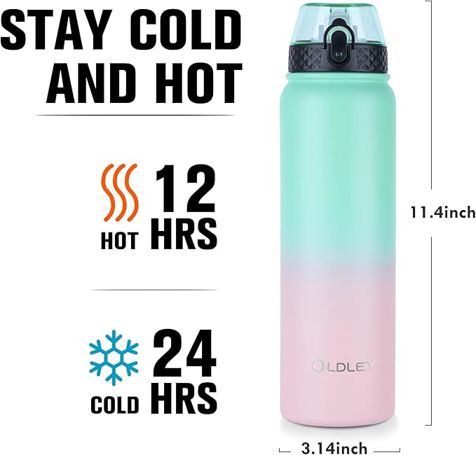 Oldley Insulated Water Bottle 32oz Water Bottles with Straw, Stainless Steel Water Bottle with 3 Lids, Double Wall Vacuum Bottles for Adults, Leak-proof Sports Bottles for School Travel,Green-Pink