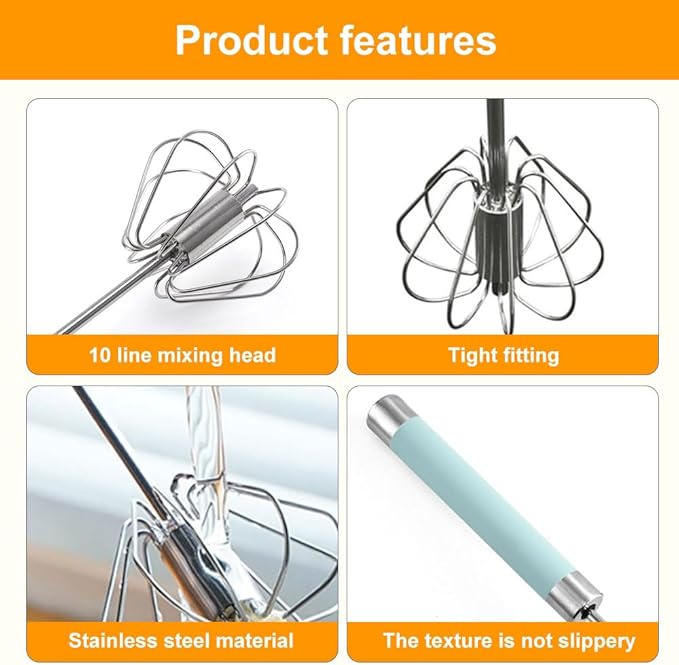 Stainless Steel Egg Whisk, 2025 New Semi-Automatic Whisk Hand Push Rotary Whisk Blender for Baking Cooking, Kitchen Hand Mixer Stirrer Tool for Beating Eggs, Butter, Milk (Blue, 10in)