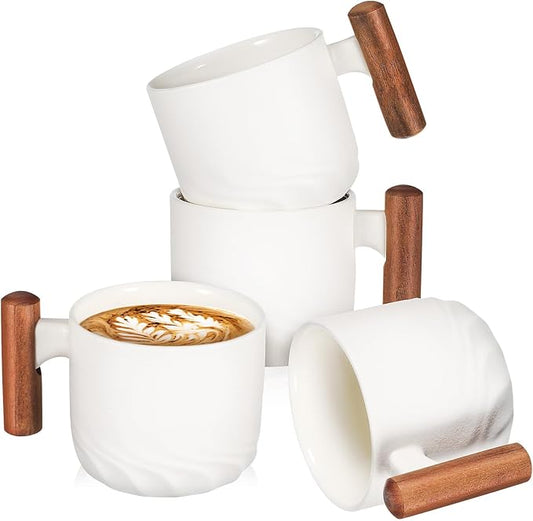 RUNROTOO Porcelain Ceramic Tea Cups, Espresso Cups Wooden Handle, Modern Demitasse, Microwave and Dishwasher Safe