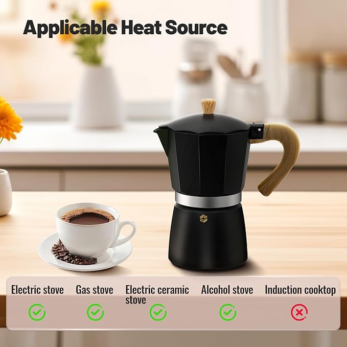 Vaolvpant 6 Cup Aluminum Moka Pot Classic Stovetop Espresso Coffee Maker 300ml 10oz Coffeemaker Percolator Mocha Pot Greca Coffee Maker Cafe Makers for Italian and Cuban Café Brewing Black