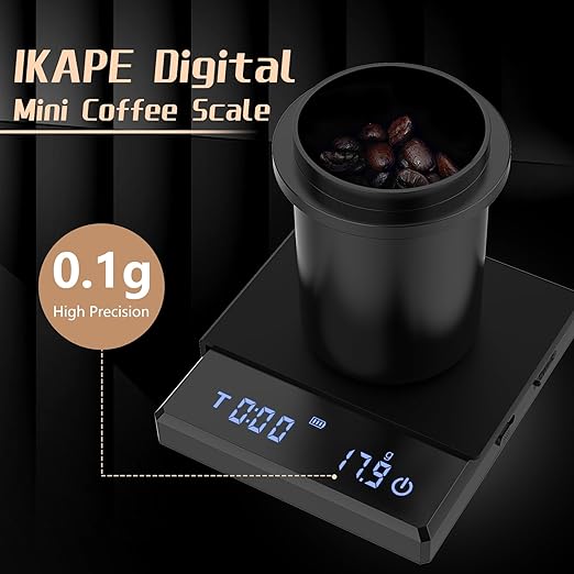 IKAPE Digital Mini Coffee Scale with Timer, 2kg/0.1g High Precision Rechargeable Drip Espresso Scale with Tare Function, LED Display(Black)