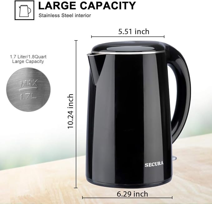 Secura Original Stainless Steel Double Wall Electric Water Kettle 1.8 Quart with Auto Shut-Off & Boil-Dry Protection, Black Onyx SWK-1701DA/HB-3227B