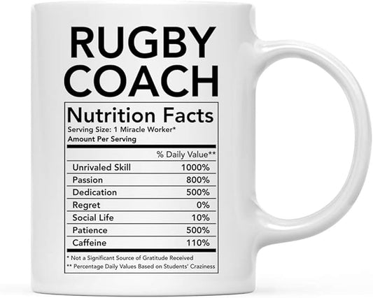 Andaz Press Funny 11oz. Ceramic Coffee Tea Mug Thank You Gift, Rugby Coach Nutritional Facts, 1-Pack, Novelty Gag Birthday Christmas Gift Ideas Coworker