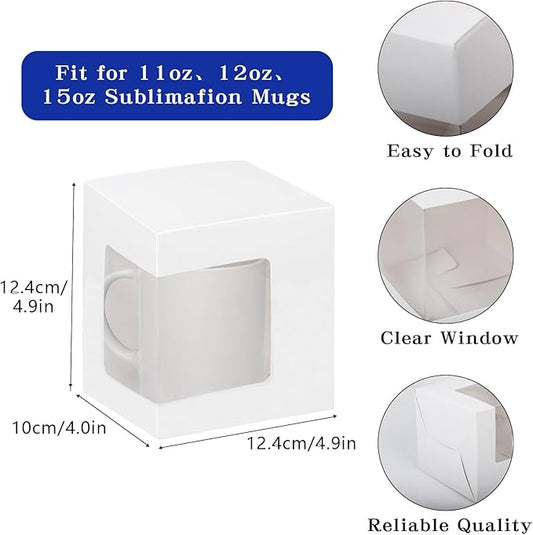 Klmnop 24 Pack Mug Boxes for Gifts, Coffee Mugs Gift Boxes for Blanks 11oz, 12oz, 15oz Mugs Gift Wrapping, Transparent Boxes for Sublimation Mugs Ceramic Coffee Cups(White)