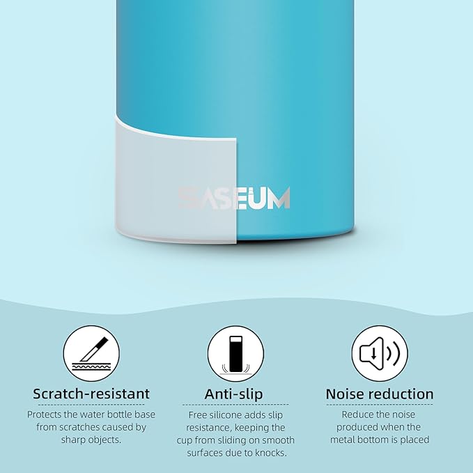 SASEUM Kids Sport Water Bottle 16oz Stainless Steel Double Wall Vacuum Thermal Mug with Leak Proof Spout Lids, Wide Mouth Metal Insulated Water Jug for Gym and Travel（Sky Blue）