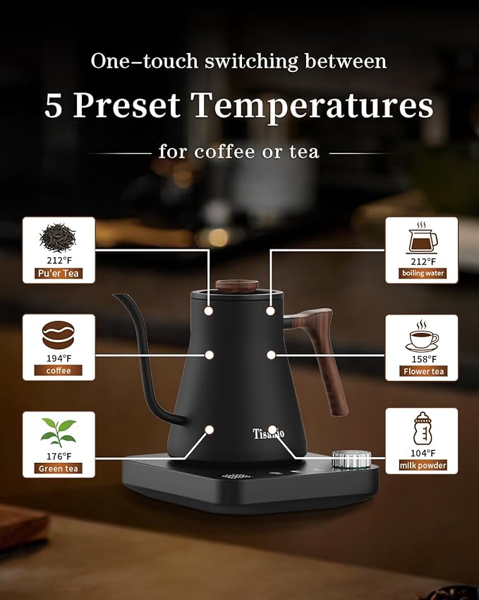 Gooseneck Electric Kettle with ±1°F Precise Temperature Control, Smart Two-Stage Heating, 304 Stainless Steel Interior, Fast Boil & 2-Hour Keep Warm, Pour Over Coffee & Tea, 0.9L,Wood Black