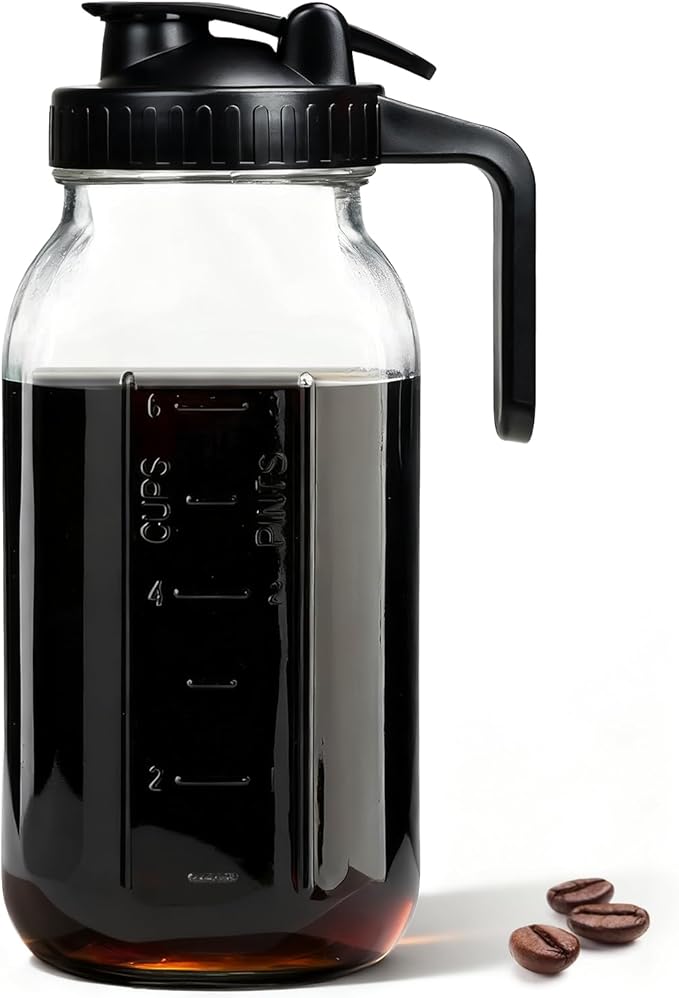 64oz Wide Mouth Mason Jar Pitcher with Handle & Flip Lid, Heavy Duty Glass Cold Brew Coffee Maker, Airtight Leak-Proof Pitcher for Iced Tea, Juice, Lemonade