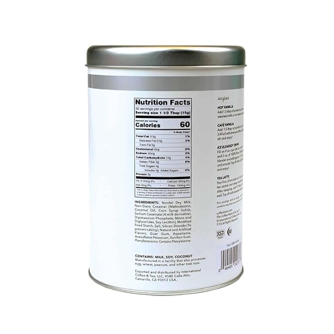 The Coffee Bean & Tea Leaf, Vanilla (No Suger Added) Creamer for Coffee, Lattes, Smoothies, Drinks, Baking, 22oz tin, 2 pack