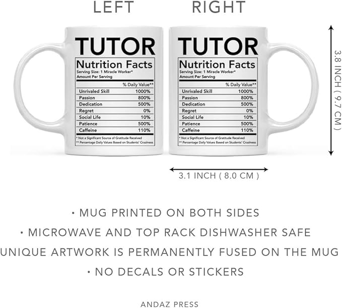 Andaz Press Funny 11oz. Ceramic Coffee Tea Mug, Tutor Nutritional Facts, 1-Pack, Thank You Gift, Funny Math Christmas Ideas for Tutors Birthday Best