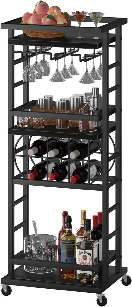 4 Tier Bar Cart with Wheels, Home Bar Serving Cart, Rolling Mini Wine Cart with Wine Rack and Glass Holder, Drink Cart for Dining Room, Living Room, Kitchen, Bar and Outdoor Black