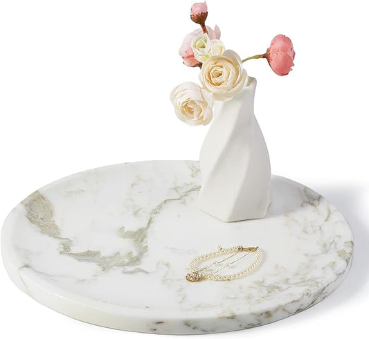 Marble Serving Tray, 11.8in Round Vanity Tray for Bathroom Countertop, Calacatta Candle Holder for Coffee Table/Kitchen, Stone Home Decorative Catchall Tray for Perfume