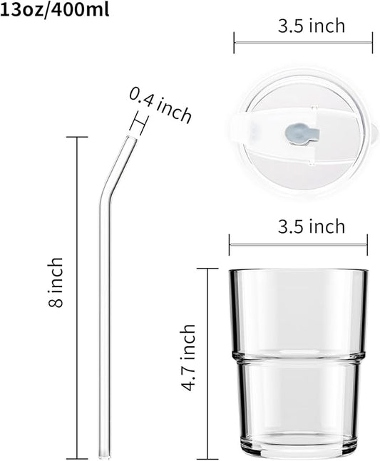 13 oz Tumbler Water Glass, Water Bottle with Straw and Dustproof Lid, Coffee Ice Cup Double Wall Insulated Glass Cup (White-4pack)