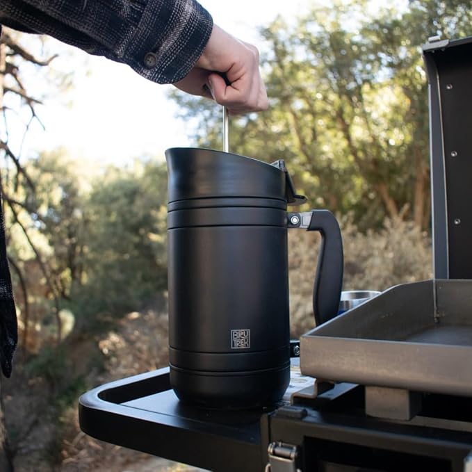 BruTrek BaseCamp Coffee Press - Double Wall Insulated Stainless Steel - Bru-Stop Technology, No Grounds in Coffee, No Spill Lid (Obsidian, 48 fl.oz)