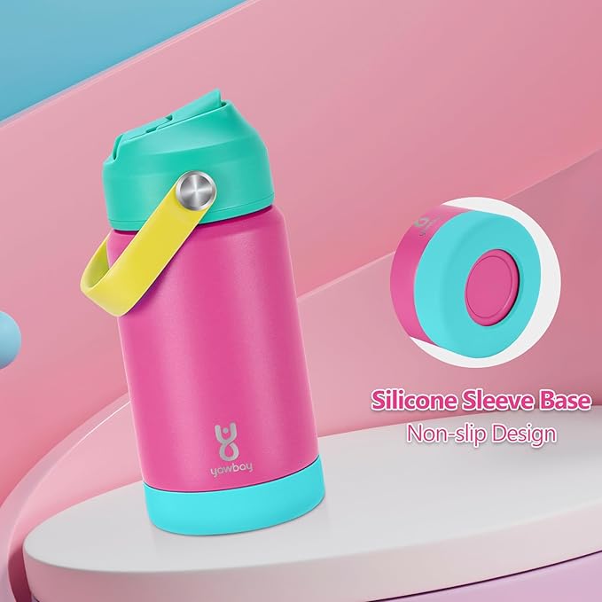 Kids Insulated Water Bottle with Straw Lid & Silicone Handle,12oz Kids Leak Proof Water Bottle for School Boys Girls,Double Wall Vacuum Stainless Steel with Non-slip Silicone Base(Rose Pink)