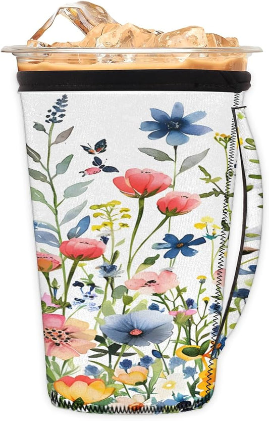 Reusable Iced Coffee Cup Sleeve Spring Flowers Neoprene Insulated Sleeves Cup Holder with handle Idea for 30oz - 32oz