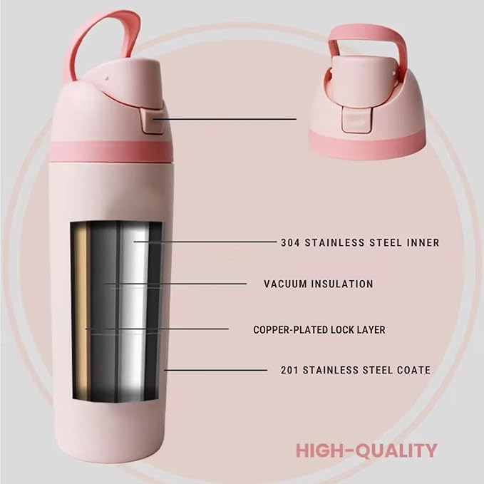 DUTHINGS Insulated Stainless Steel Water Bottle with Straw, 24 oz, Reusable Sports and Travel Bottle for School, Kids, and Outdoors - Leakproof and BPA-Free (PINK)