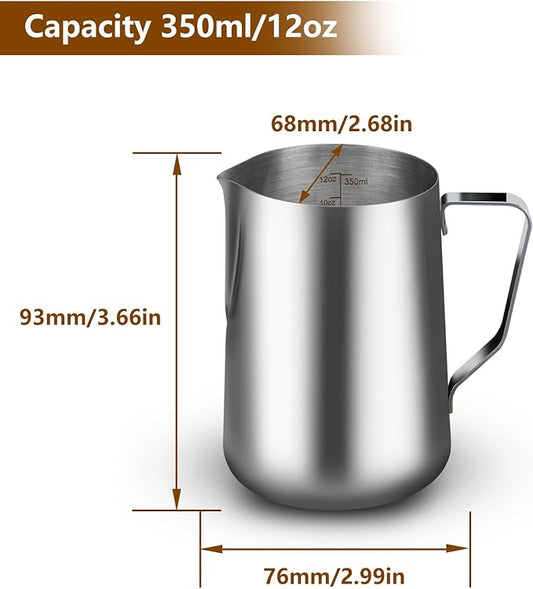 12oz Milk Frothing Pitcher-Stainless Steel Steaming Jug for Espresso, Cappuccino & Coffee-Heat-Resistant, Dripless Spout, Measurement Scale, Dishwasher Safe (350ml/12oz)