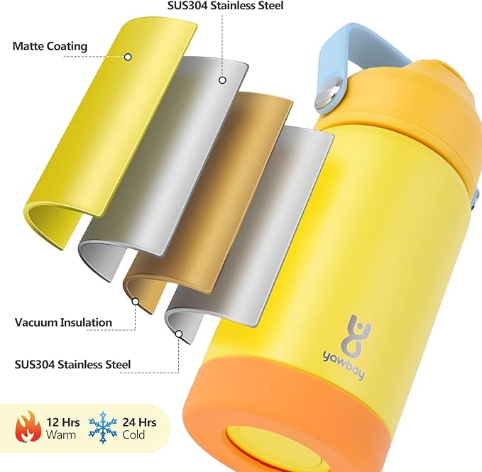 Kids Insulated Water Bottle with Straw Lid & Silicone Handle,12oz Kids Leak Proof Water Bottle for School Boys Girls,Double Wall Vacuum Stainless Steel with Non-slip Silicone Base(Yellow)