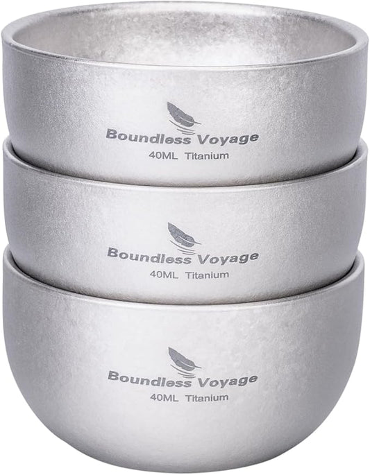 iBasingo Titanium Double Wall Mini Cups Small 40ml Tea Cups for Drinking, Whiskey, Espresso, Coating-Free, Dishwasher Safe Ti3204D (Silver * 3)