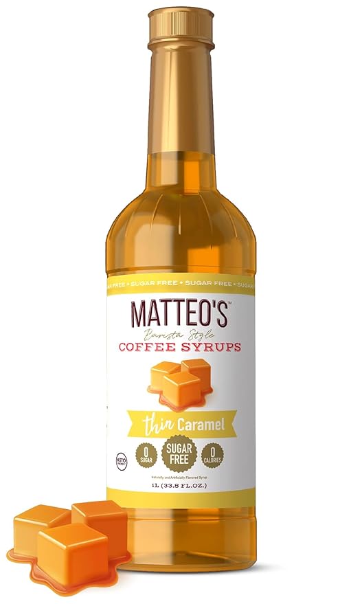 Matteo's Caramel Syrup for Coffee, Lattes, Cappuccinos & Desserts – Sugar-Free Sweetener for Beverages, Keto Friendly, Zero Calories, Indulgent Flavor, Non-Alcoholic, Ideal for Coffee 33.8oz (1pk)