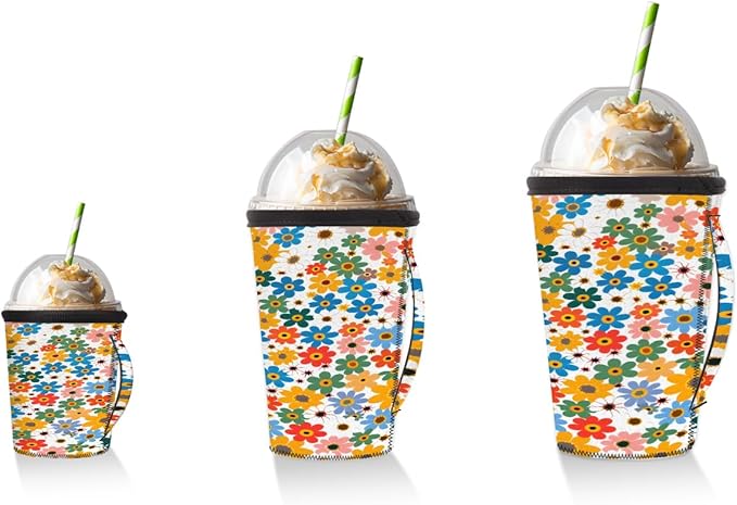 Reusable Iced Coffee Cup Sleeve Colorful Blooming Flowers Neoprene Insulated Sleeves Cup Holder with handle Idea for 30oz - 32oz
