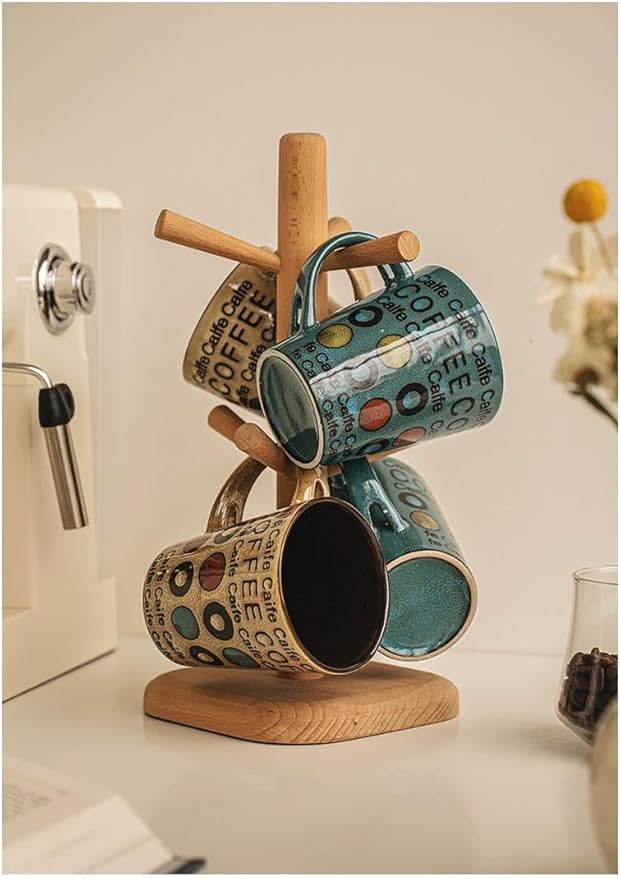 Ceramic Coffee Mugs Set of 1, 12 oz Stoneware Coffee Cup with Spoon and Lid, Cup for Latte, Tea, Cappuccino, Cocoa, Microwave Dishwasher Safe, Modern Unique Aesthetic Christmas Gift, Green Letter Cup