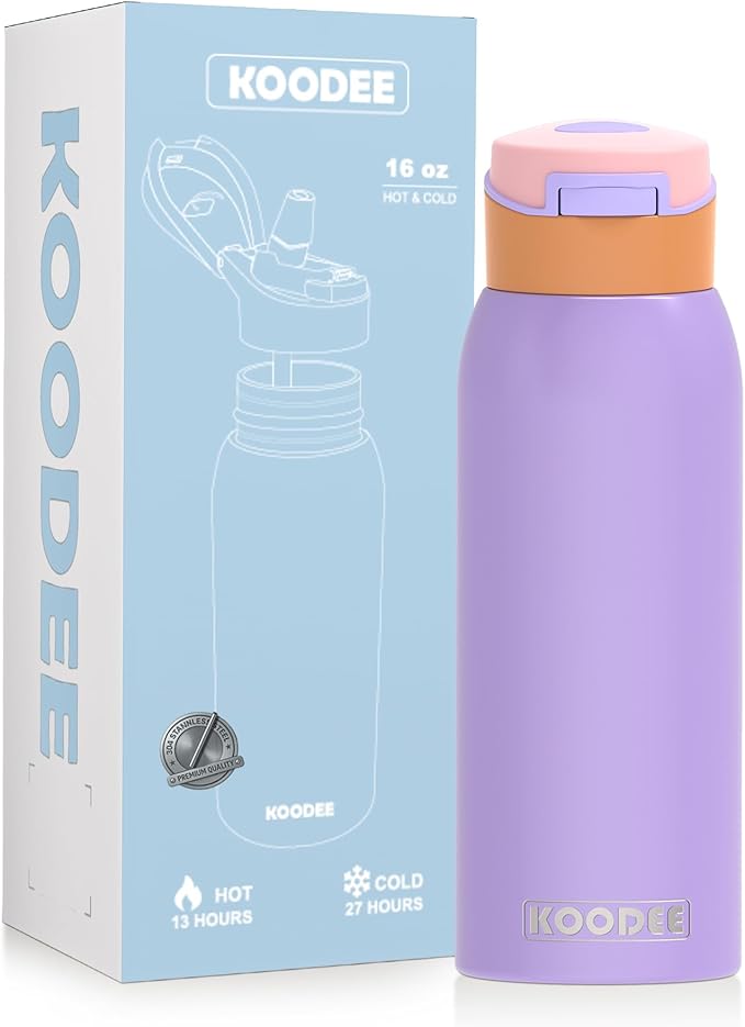 koodee Kids 16oz Free-sip Insulated Stainless Steel Water Bottles with Soft Straw,Quick Flip GO Bounce Cup Thermo-flask,Pop & Fill Double-Wall Vacuum Bottle,for School, Sports,Travel(Peach Lavender)