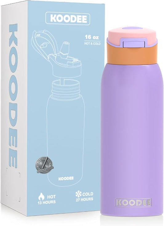 koodee Kids 16oz Free-sip Insulated Stainless Steel Water Bottles with Soft Straw,Quick Flip GO Bounce Cup Thermo-flask,Pop & Fill Double-Wall Vacuum Bottle,for School, Sports,Travel(Peach Lavender)