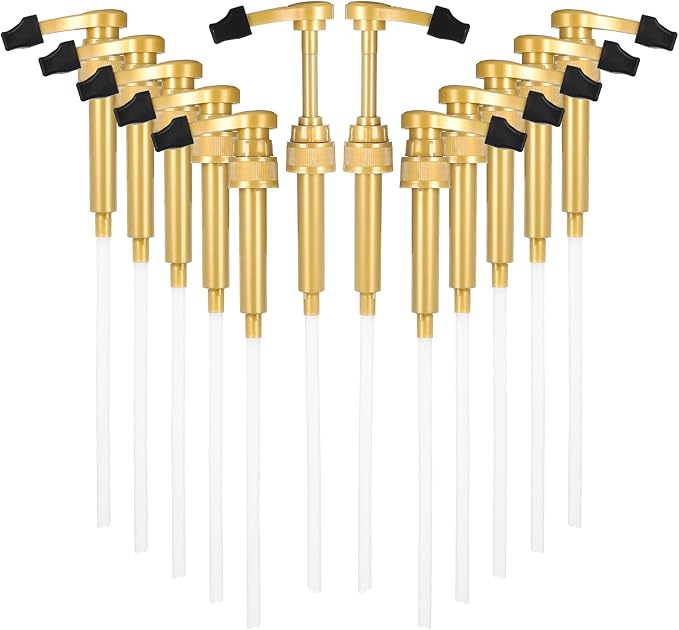12 Pcs Coffee Syrup Pump with Tip Cover, Gold Reusable Coffee Syrup Pump Dispenser Fits 750 ml Skinny Bottles, Great for Home, Coffees Bar Drinking Mixes, Tea, Beverage, Cocktails