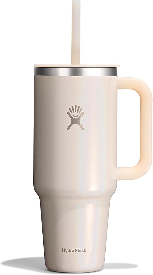 Hydro Flask Travel Tumbler with Handle, Lid and Straw - Insulated Stainless Steel in 40 Oz Glimmer Cream