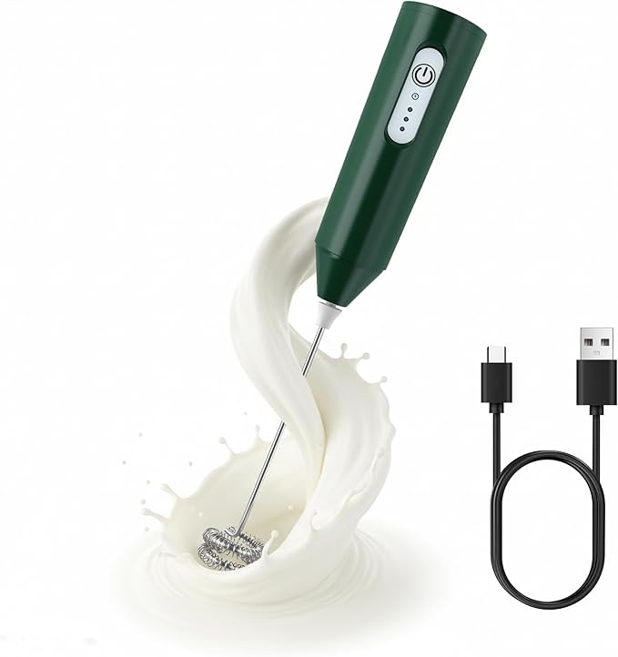 Puraville Rechargeable Milk Frother Handheld, 3 Speeds Electric Whisk Drink Mixer, Type-C Charging BPA Free for Coffee, Latte, Cappuccino, Egg,Cream, Dark Green