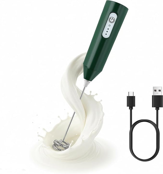 Puraville Rechargeable Milk Frother Handheld, 3 Speeds Electric Whisk Drink Mixer, Type-C Charging BPA Free for Coffee, Latte, Cappuccino, Egg,Cream, Dark Green