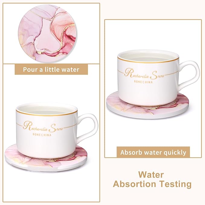 6 Pcs Pink Marble Abstract Ceramic Coasters with Holder Best Round Drink Absorbent Coaster for Desk, Lounge, Coffee Table, Wine, Beverage, Bar Coasters Set