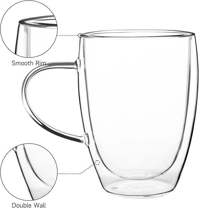 Aurzen Double Wall Glass Coffee Mug, 12oz Clear Latte Mug with Handles, Clear Cups for Tea, Beverages,Expresso, Juice, Milk Microwave Safe Set of 4