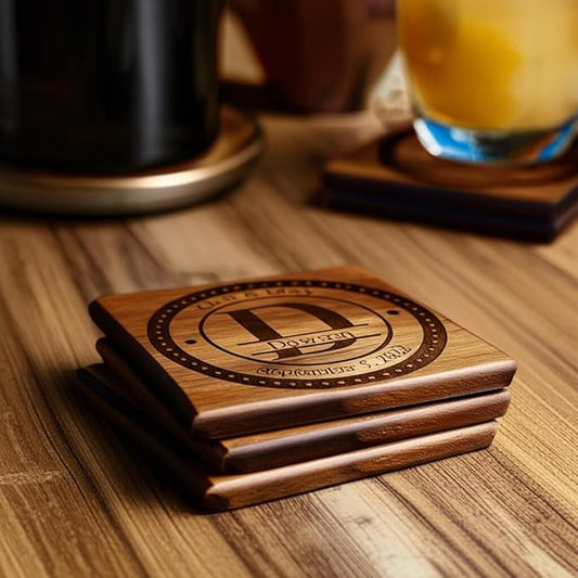 Personalized Wooden Coasters with Monogram, Wedding Date Engraved, Family Name- Choice of Wood (Split Letter Monogram)