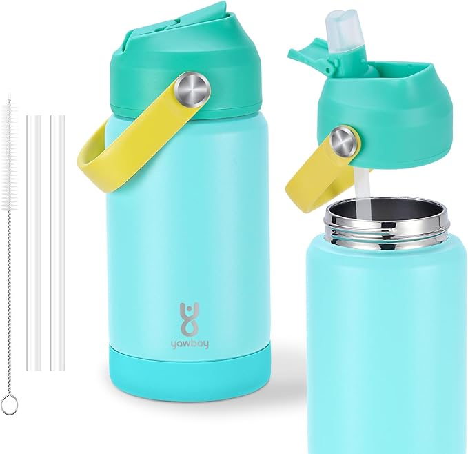 Kids Insulated Water Bottle with Straw Lid & Silicone Handle,12oz Kids Leak Proof Water Bottle for School Boys Girls,Double Wall Vacuum Stainless Steel with Non-slip Silicone Base(Lake Blue)