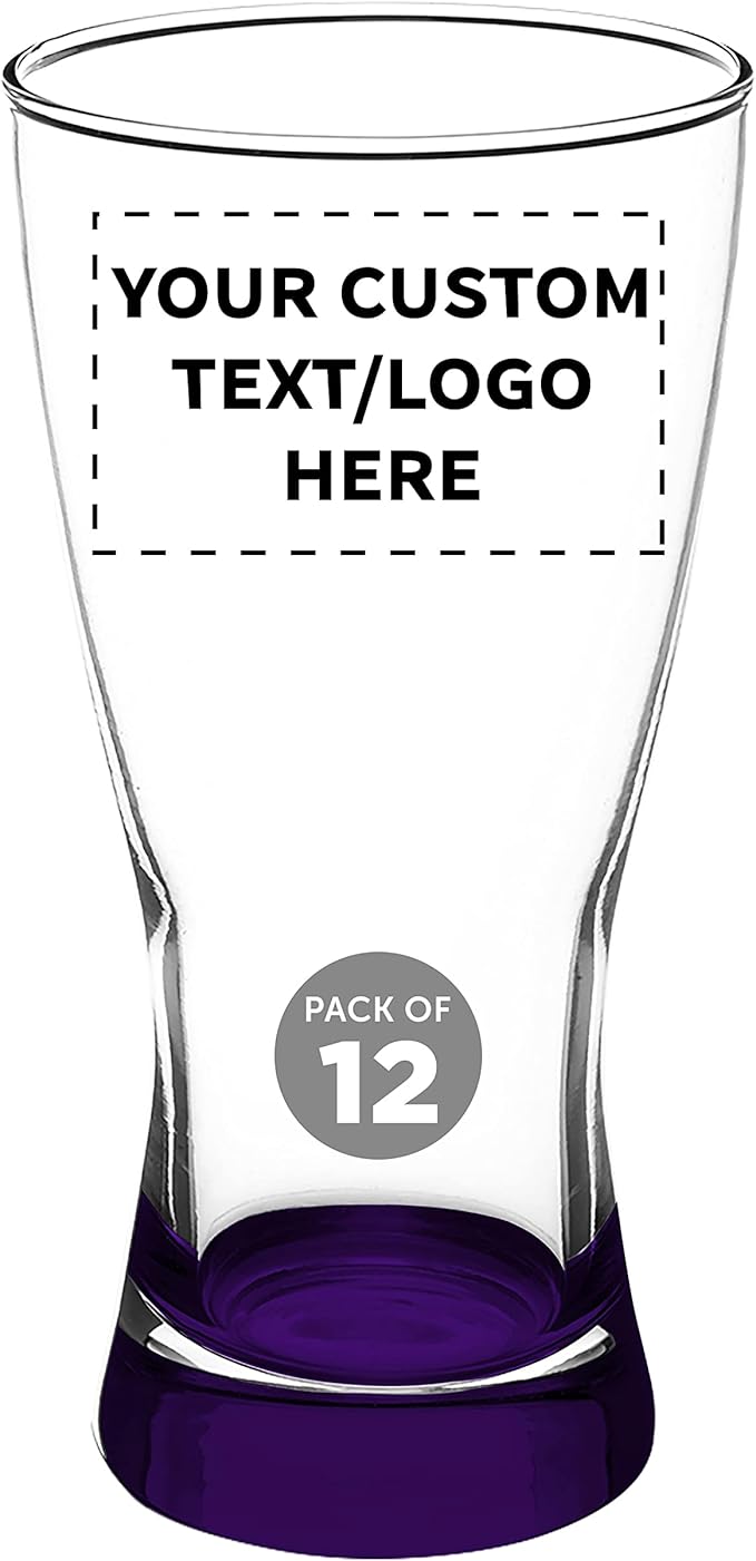 Custom Pilsner Glasses 13.25 oz. Set of 12, Personalized Bulk Pack - Made in the USA, Perfect for Hotels, Restaurants, Bars and Even Party Favors - Purple