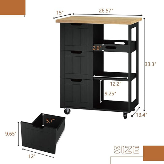 SUNLEI Kitchen Island with Storage Cart Rolling Coffee Small Butcher Block Table Microwave with 3 Drawers on Wheels Station Portable Mobile Narrow Moveable Utility Counter Wood Top Spaces Bar Food