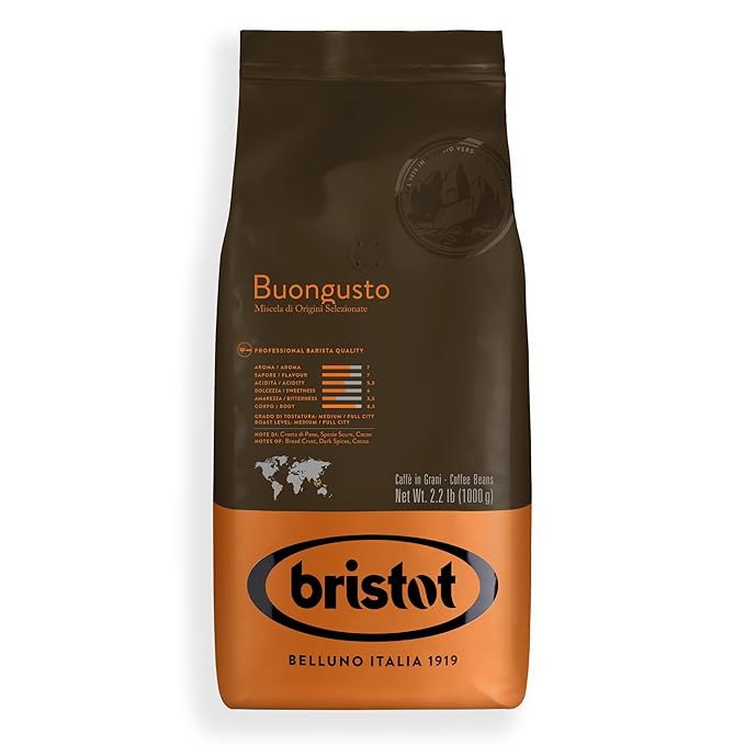 Bristot Buongusto Italian Espresso Coffee Beans – Whole Bean, Medium Roast, Low Acid – 2.2 lb (1kg) Bag – Smooth, Bold Flavor for Espresso