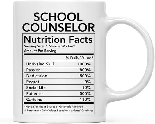 Andaz Press Funny 11oz. Ceramic Coffee Tea Mug Thank You Gift, School Counselor Nutritional Facts, 1-Pack